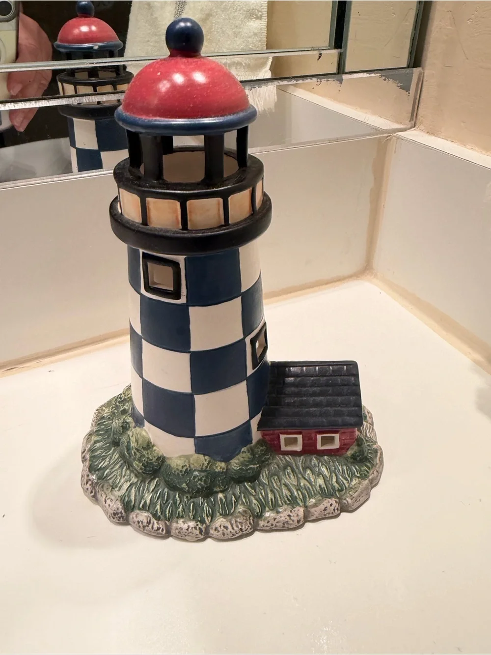 Coastal Checkerboard Lighthouse Figurine - Red, Blue, White